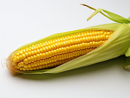 Fresh corn on the cob on a white background. Close up.の素材