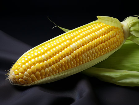 Fresh corn on the cob on a black background, close-upの素材