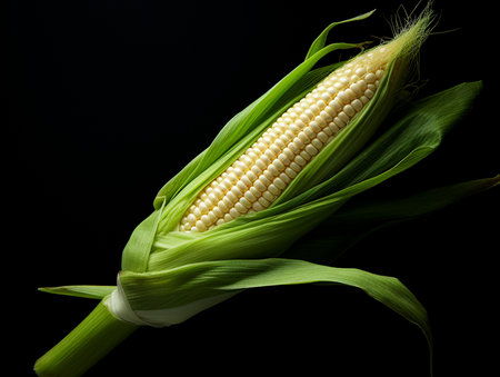Fresh corn on the cob on a black background. Close up.の素材