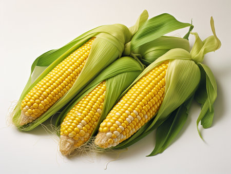 Fresh corn on cobs with green leaves on a white background.の素材