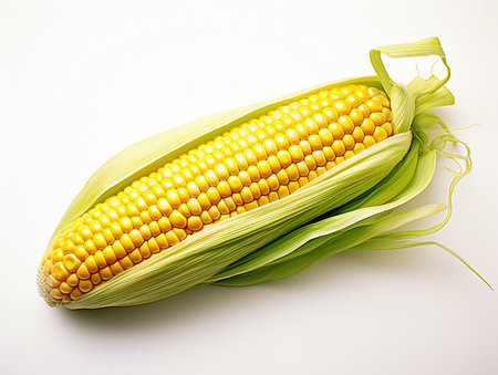 Fresh corn on the cob isolated on white background. Top view.の素材