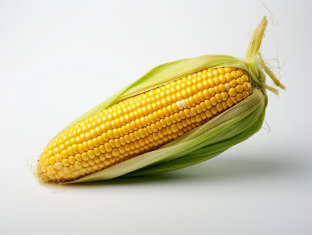 Fresh corn on the cob on a white background. Close up.の素材