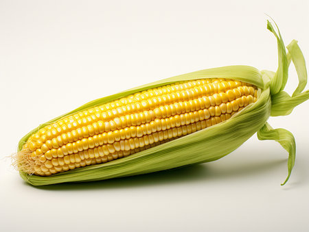 Fresh corn on the cob on a white background. Close up.の素材