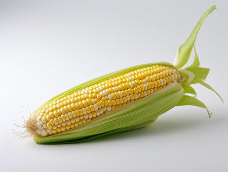Fresh corn on the cob on a white background, close-upの素材