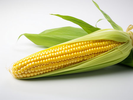 Fresh corn on the cob with leaves on white background, closeupの素材