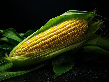 Fresh corn on the cob with drops of water on a black backgroundの素材