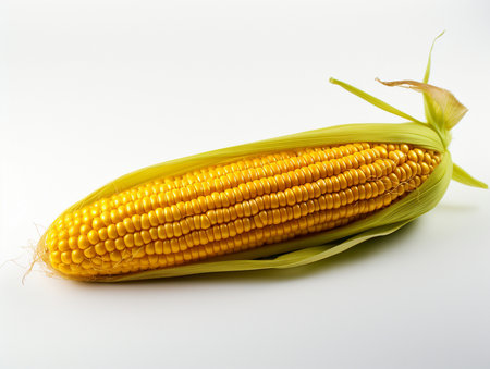 Fresh corn on the cob on a white background, close-upの素材