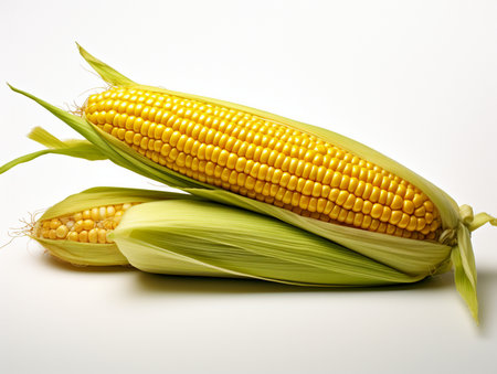 Two ears of corn on a white background. Close-up.の素材
