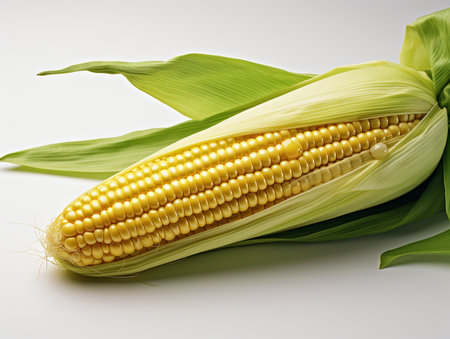 Fresh corn on the cob with leaves on a white background, isolatedの素材