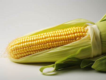 Fresh corn on the cob on a white background, close-upの素材