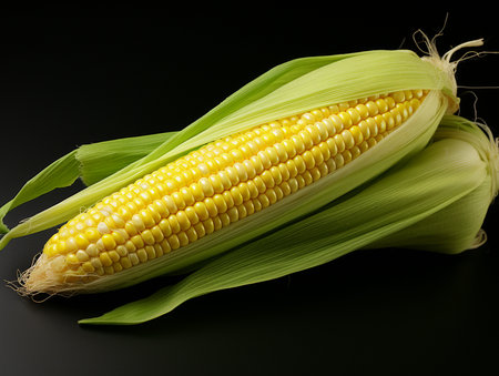 Fresh corn on the cob on a black background. Close up.の素材