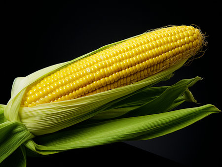 Fresh corn on the cob on a black background. Studio photography.の素材