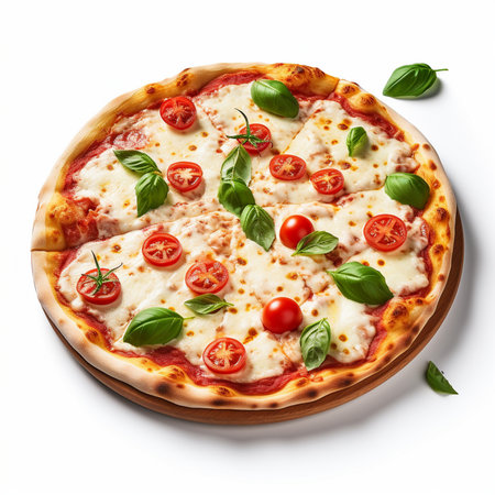 Pizza with mozzarella, tomatoes and basil on white backgroundの素材