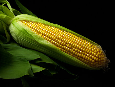 Fresh corn on the cob on a black background. Studio shot.の素材