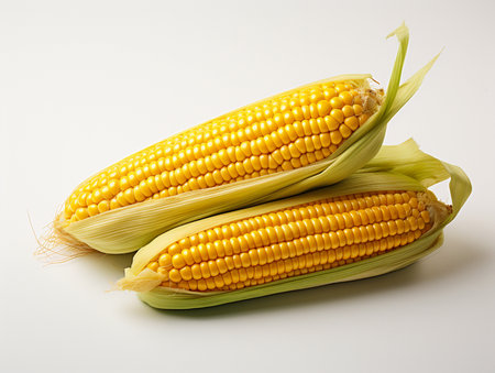 Fresh corn on the cob on a white background. Close up.の素材