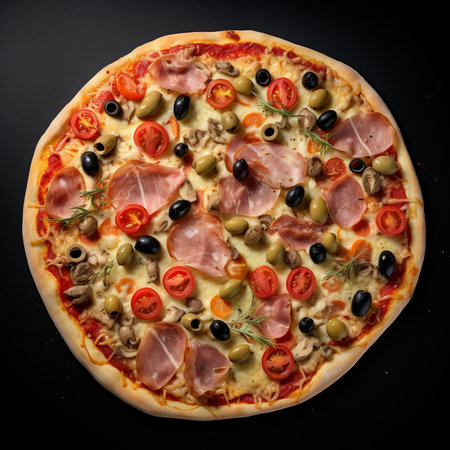 pizza with ham, olives and tomatoes on a black backgroundの素材