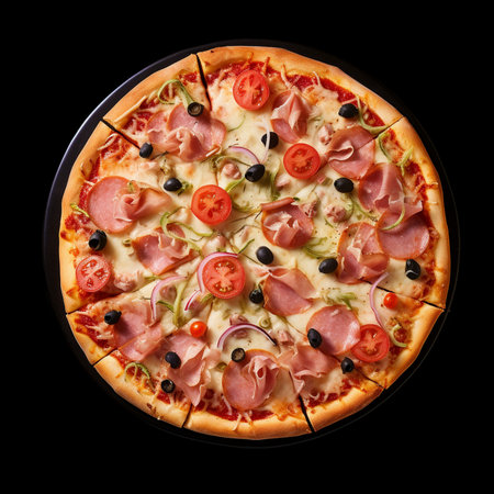 Pizza with ham, mozzarella cheese, tomatoes and olives on black backgroundの素材