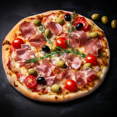 Pizza with prosciutto, olives and tomatoes on black backgroundの素材
