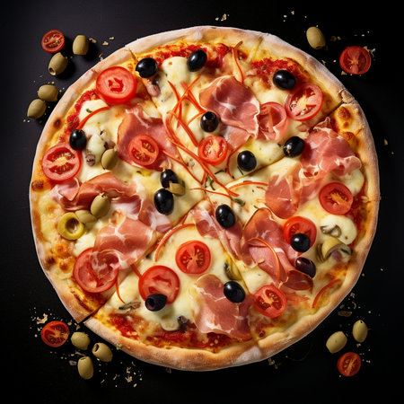 Pizza with ham, olives and tomatoes on a black backgroundの素材
