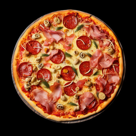 Pizza with salami, mozzarella and mushrooms isolated on black backgroundの素材