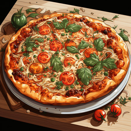 Pizza with mozzarella, tomatoes and basil. Vector illustrationの素材