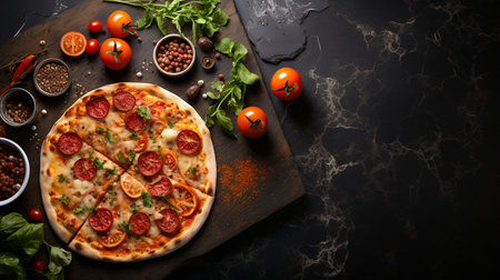 Delicious pizza with pepperoni, tomatoes and basil on dark backgroundの素材