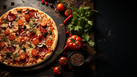 Pizza with salami, olives and tomatoes on dark backgroundの素材