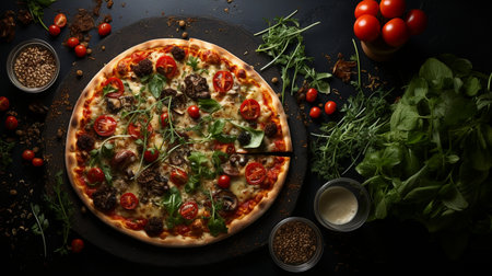 Pizza with mushrooms, tomatoes and arugula on a black backgroundの素材