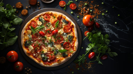 Pizza with mozzarella, cherry tomatoes and arugula on black backgroundの素材
