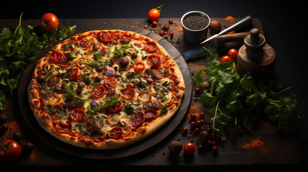 Pizza with salami, mushrooms and tomatoes on a dark backgroundの素材