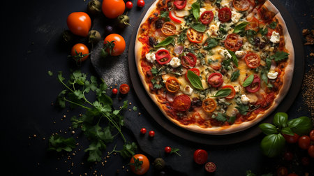 Pizza with mozzarella, tomatoes and basil on black backgroundの素材