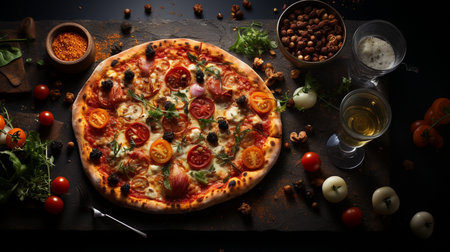 Pizza with ham, tomatoes, mozzarella cheese, olives and herbs on black backgroundの素材