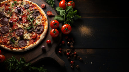 Pizza with salami, mushrooms, olives and tomatoes on a dark wooden backgroundの素材