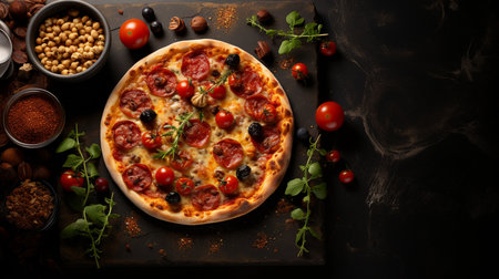 Pepperoni pizza with tomatoes, olives and basil on dark backgroundの素材