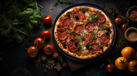 Pizza with salami, mozzarella cheese and tomatoes on black backgroundの素材