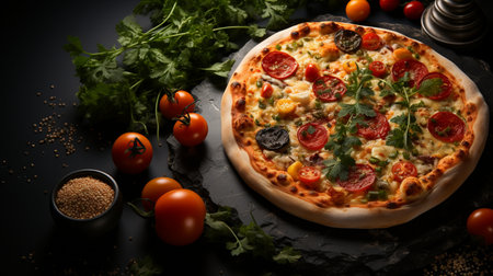 Pizza with mozzarella cheese, tomatoes and herbs on black backgroundの素材