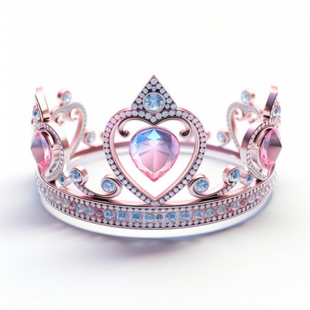 A beautiful rose gold tiara featuring a central heart-shaped pink and blue gemstone, adorned with small diamonds and light blue accent stones.の素材