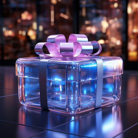 A clear, transparent gift box tied with a shimmering purple ribbon and bow, sitting on a dark, reflective surface with a bokeh background.の素材