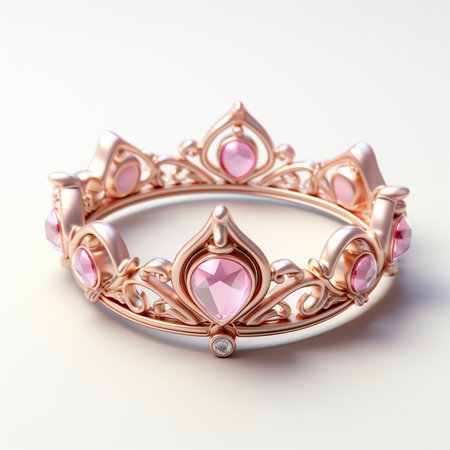 An elegant rose gold tiara adorned with sparkling pink gemstones and a central diamond, perfect for a regal aesthetic.の素材