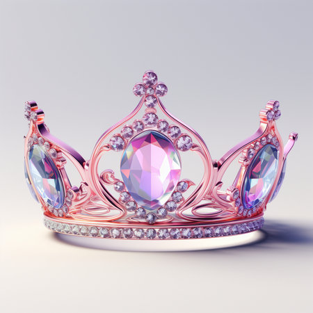 An elegant rose gold tiara adorned with shimmering pink and clear faceted gemstones, set against a soft, clean background. Detailed craftsmanship highlights.の素材