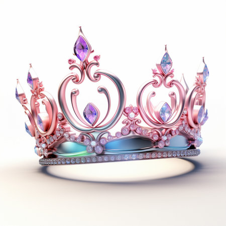 A detailed rose gold crown adorned with sparkling purple and blue gemstones, set against a clean white background. Exquisite royal accessory.の素材