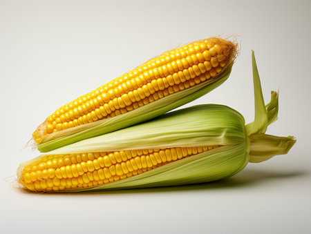 Close-up shot of two ripe yellow corn on the cob, still in their green husks, resting on a clean white surface.の素材