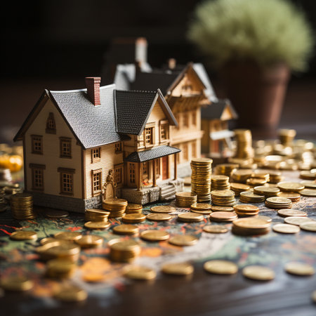 Miniature houses and piles of golden coins scattered across a map, symbolizing real estate investment and wealth.の素材
