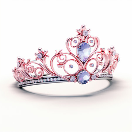 Elegant rose gold tiara adorned with sparkling diamonds and prominent blue gemstones. Intricate scrollwork, elegant design.の素材