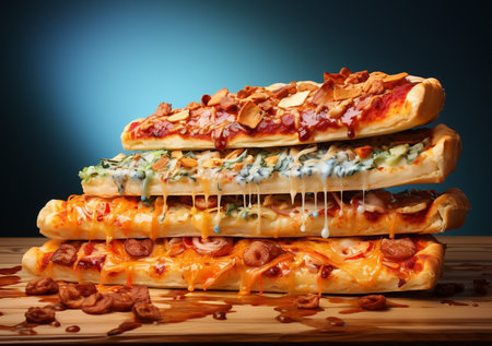 A generous stack of four different pizza slices, showcasing vibrant toppings and irresistibly gooey, melting cheese dripping down.の素材