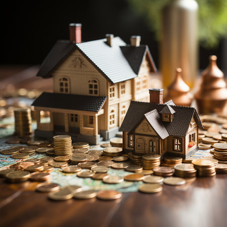Realistic miniature houses sit on a pile of gold coins, symbolizing real estate investment and financial growth.の素材