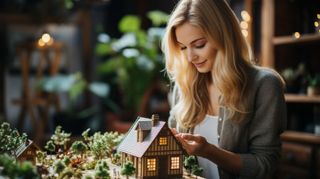 A woman with blonde hair looks down and arranges a miniature house and surrounding tiny trees in a diorama.の素材