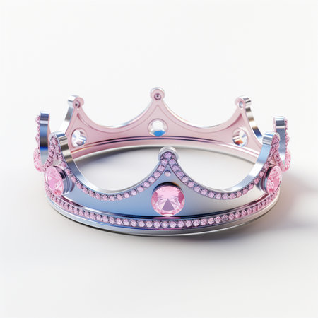A detailed, glittering crown adorned with pink gemstones and small diamonds, set against a clean white background. Ideal for themes of royalty and celebration.の素材