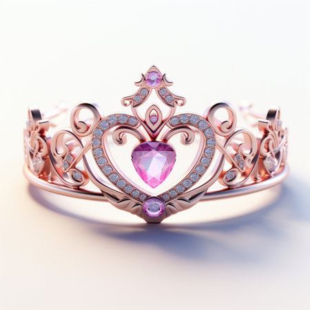 A beautiful rose gold tiara adorned with a large pink heart-shaped gemstone and sparkling diamonds, presented on a clean, light background.の素材