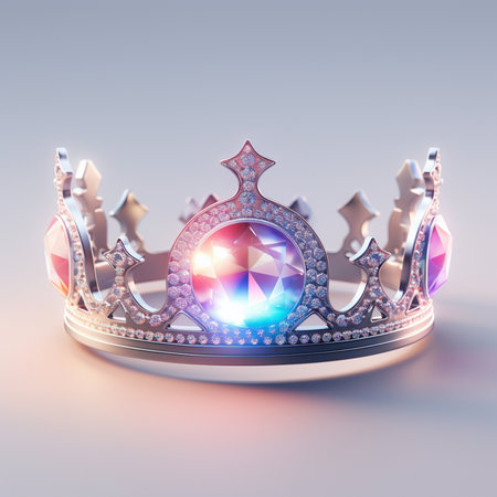 A close-up, detailed view of a silver crown embellished with brilliant diamonds and vibrant, multi-colored gemstones, symbolizing royalty and luxury.の素材